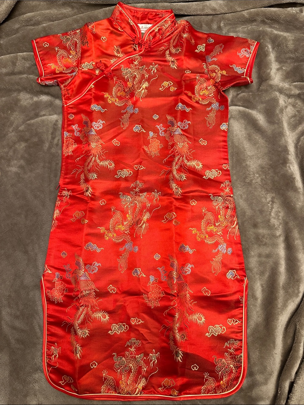 Red Satin Embroidered Dragon Cheongsam Dress